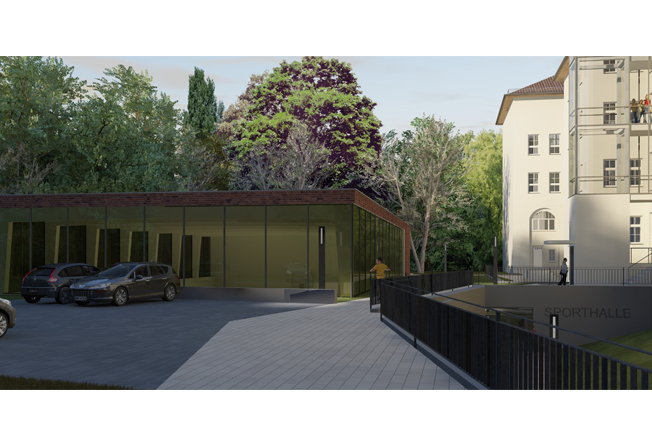 Berufsschule Burgstrasse | Ansicht Sporthalle Berufsschule Burgstrasse | Visualisierung Sporthalle